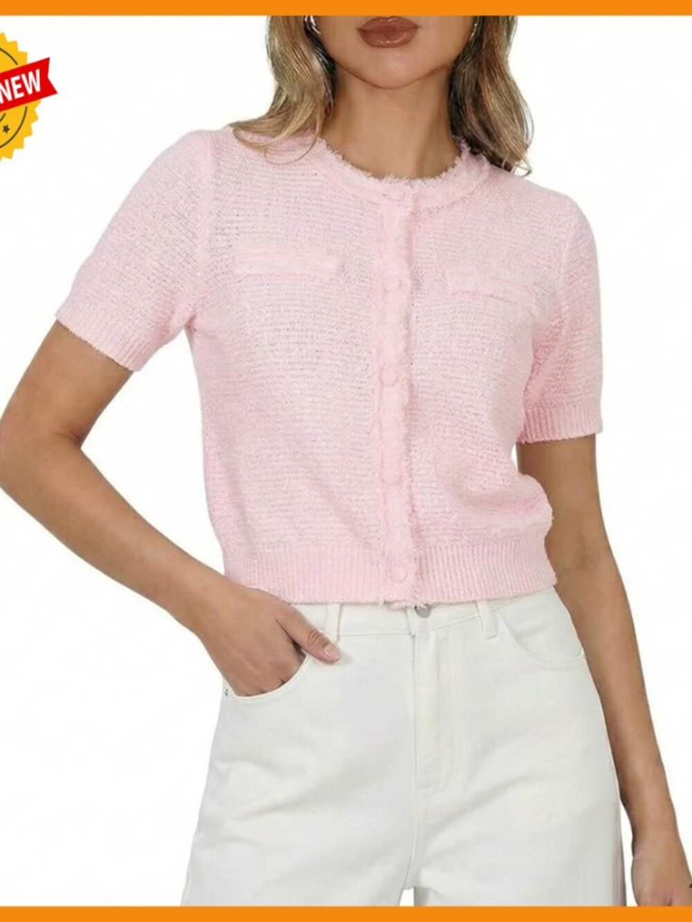 Summer Cropped Cardigan Short Sleeve Knit Top Frayed Edge Cotton Blend